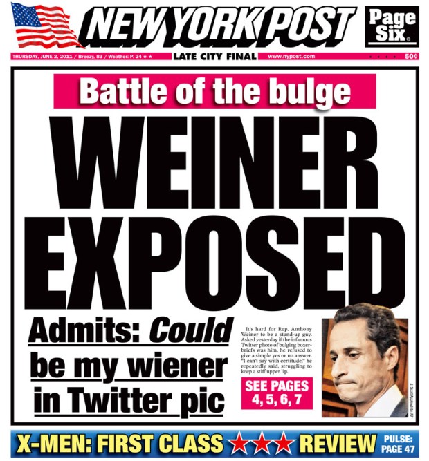 'Weiner exposed' - Rep Anthony Weiner story leads the New York Post on Thursday June 2nd 2011